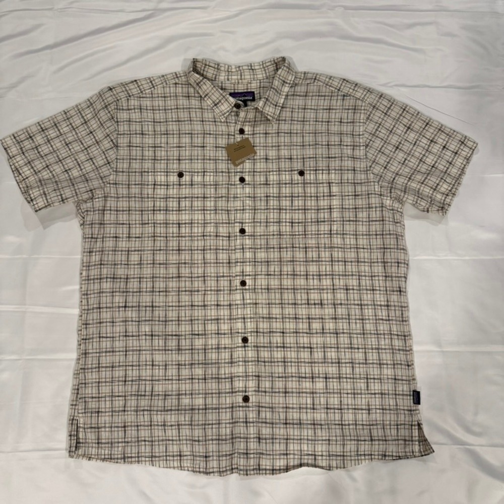 Patagonia Button Down Shirt Mens XXL Beige Plaid Short Sleeve Organic Cotton NWT